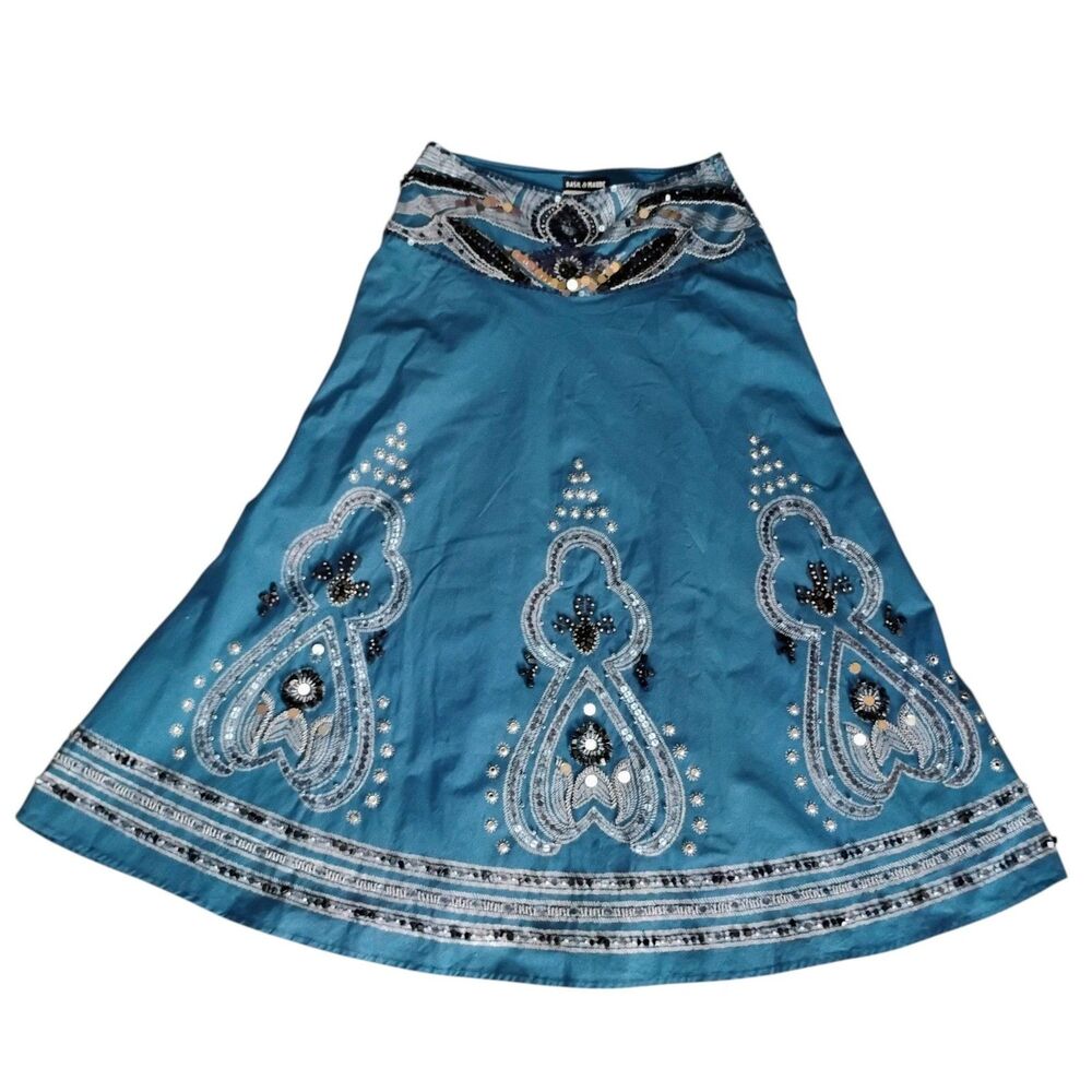Basil & Maude Skirt Womens 4 Blue Paisley A-Line Midi Beaded Embroidered Sequins